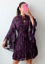 Size L-XL Plum Ruffle Sleeve Tiered Mini Dress