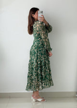 Size M-L Green Floral Print Tiered Maxi Dress