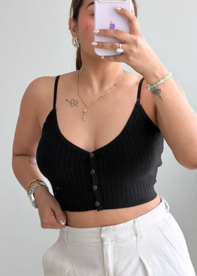 Size S-M, Black Button Front Ribbed Crop Top - Closet by Payal