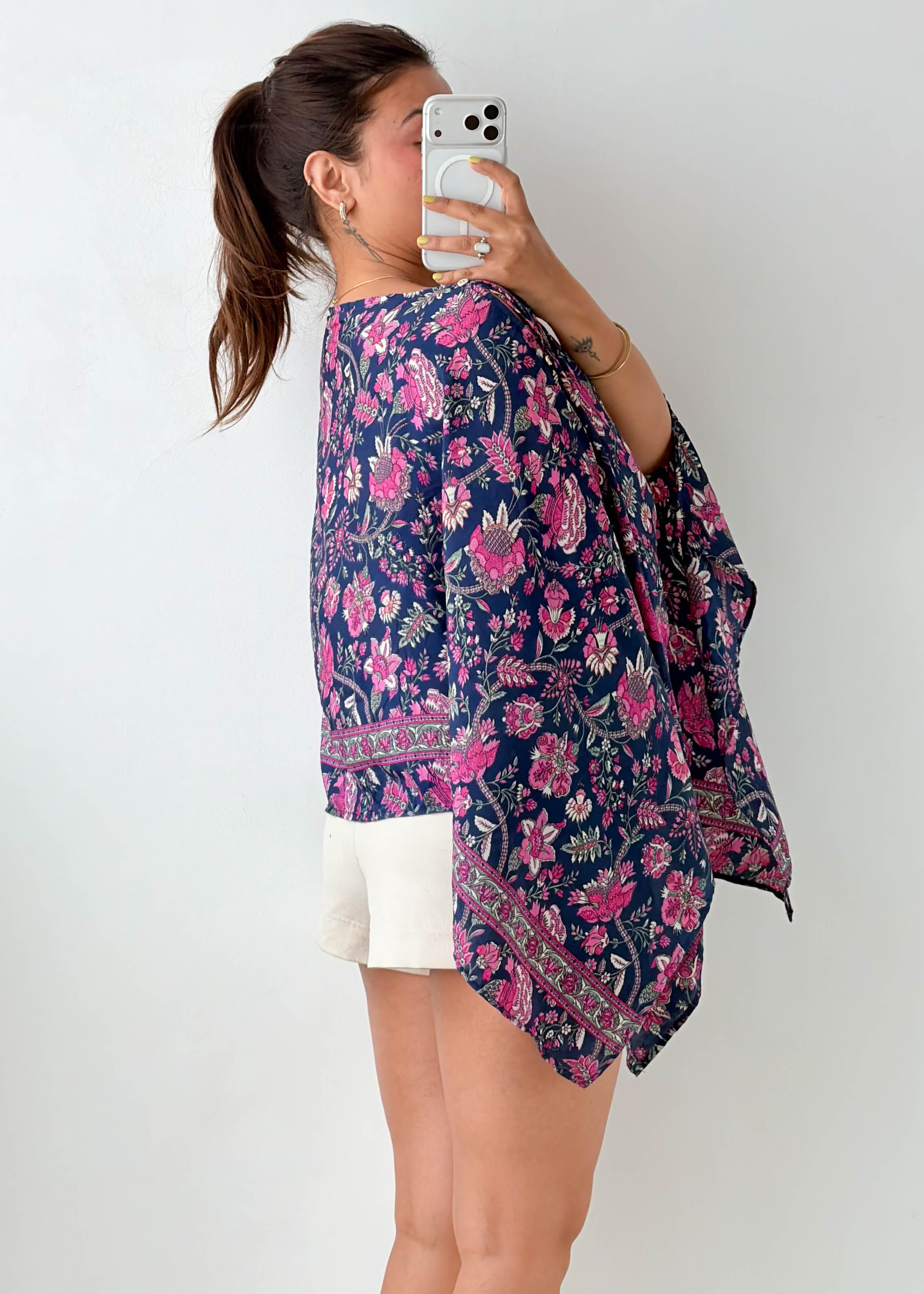 Free Size Navy Floral Batwing Kaftan Top