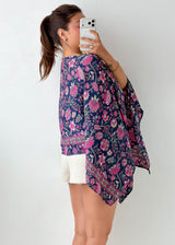 Free Size Navy Floral Batwing Kaftan Top