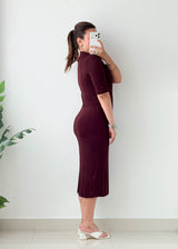 Size M-L Burgundy Ribbed Mock Neck Midi Dress
