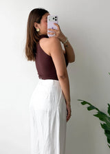 Size S-M, Brown Ribbed Halter Neck Sleeveless Bodysuit