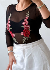 Size S-M Black Sheer Embroidered Bodysuit