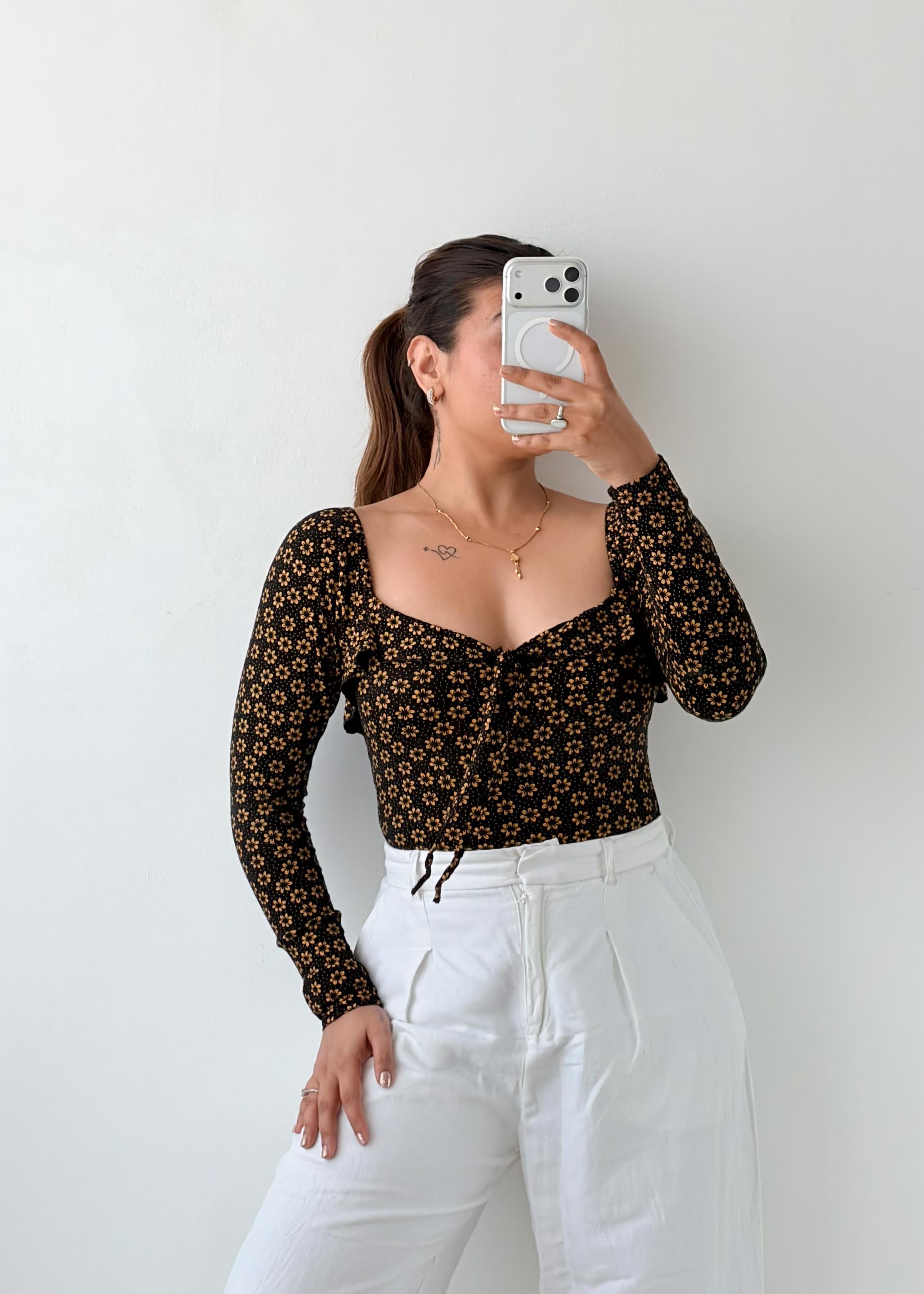 Size S-M Black Floral Sweetheart Bodysuit