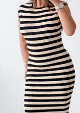 Size S-M Black & White Striped Ribbed Knit Midi Dress