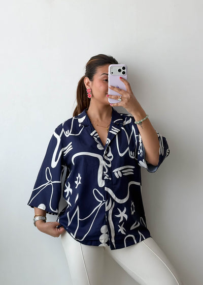 M-L Navy Abstract Soft Chiffon Oversized Shirt