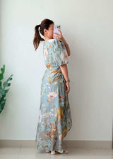 Size M-L Blue Floral Wrap Maxi Dress With Lining