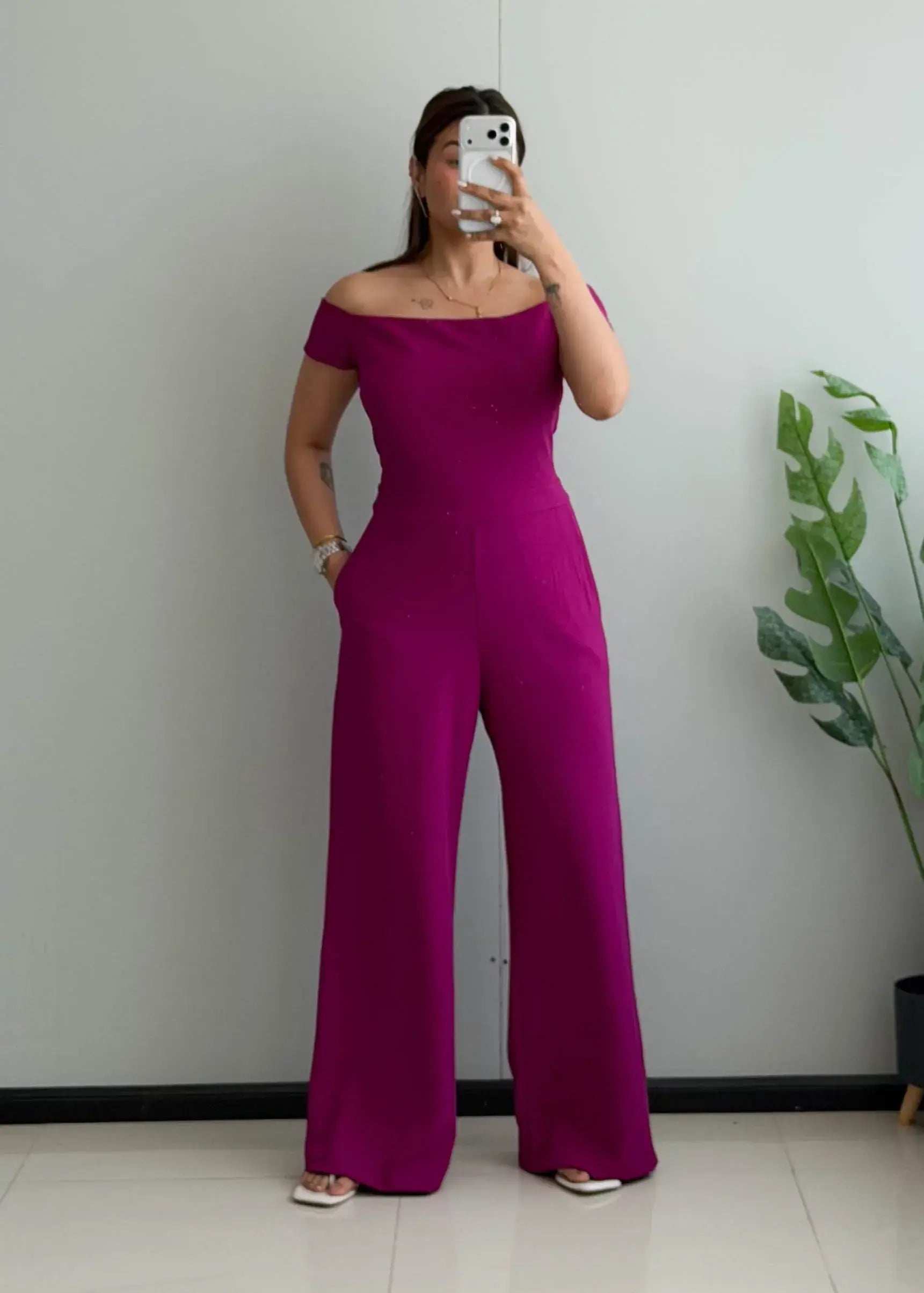 SIZE M-L, Magenta Off-Shoulder Wide-Leg Jumpsuit - Closet by Payal