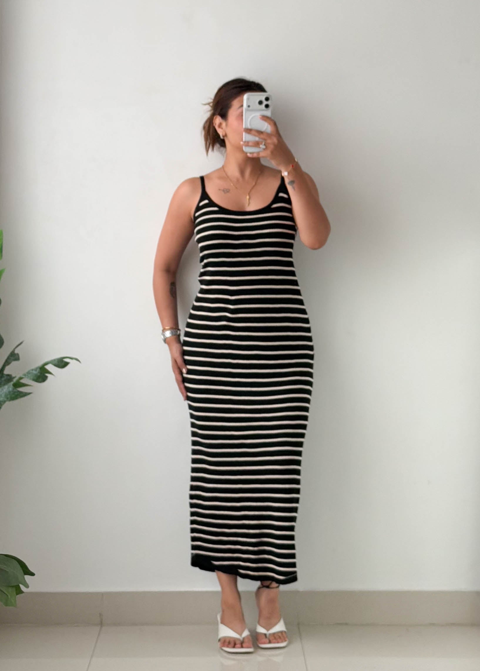 Size XL-2XL Black Striped Ribbed Knit Maxi Dress