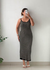 Size XL-2XL Black Striped Ribbed Knit Maxi Dress