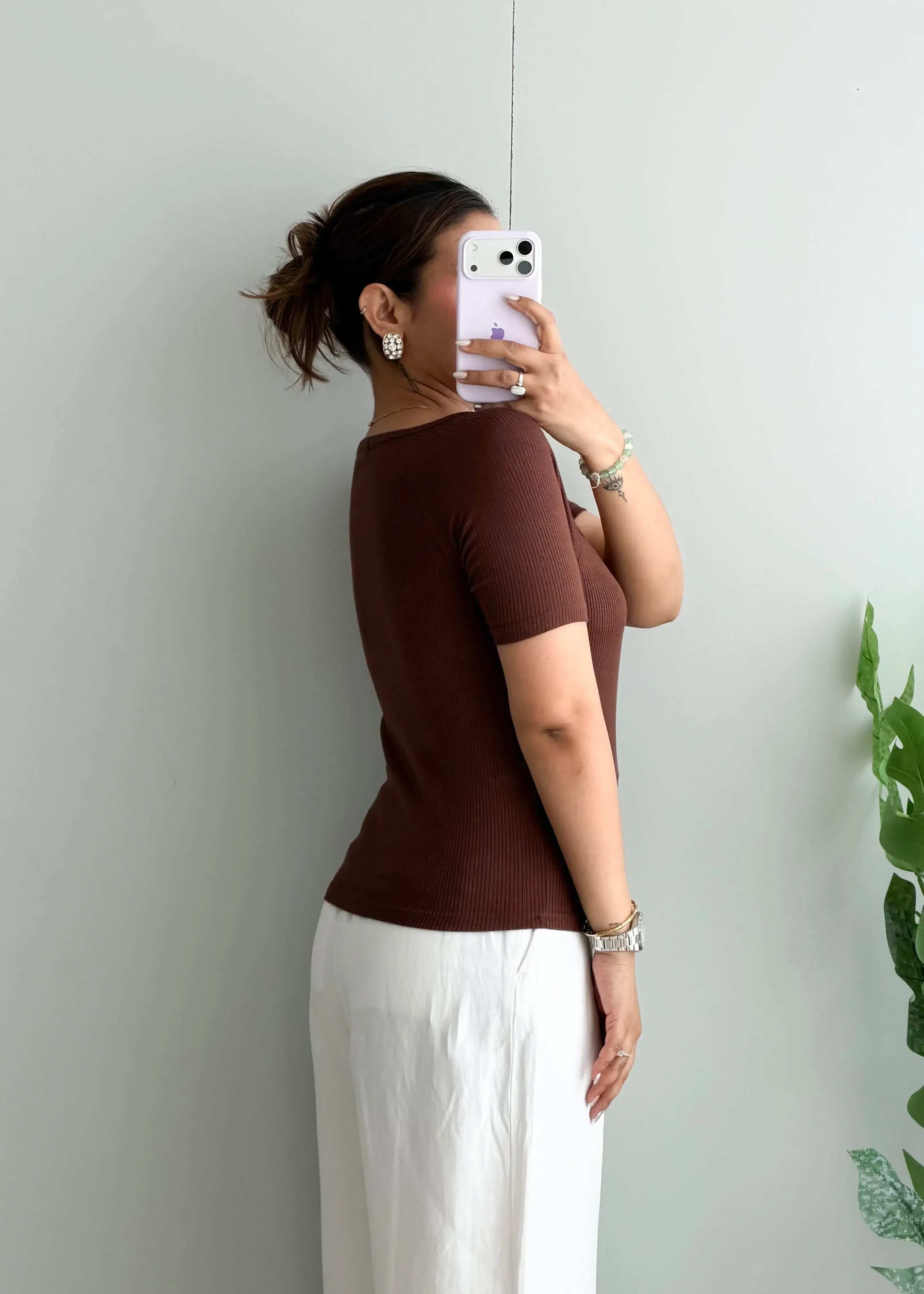 Size L-XL, Brown Square Neck Half Sleeve Top - Closet by Payal