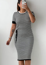 Size M-L Black & White Striped Knit Midi Dress