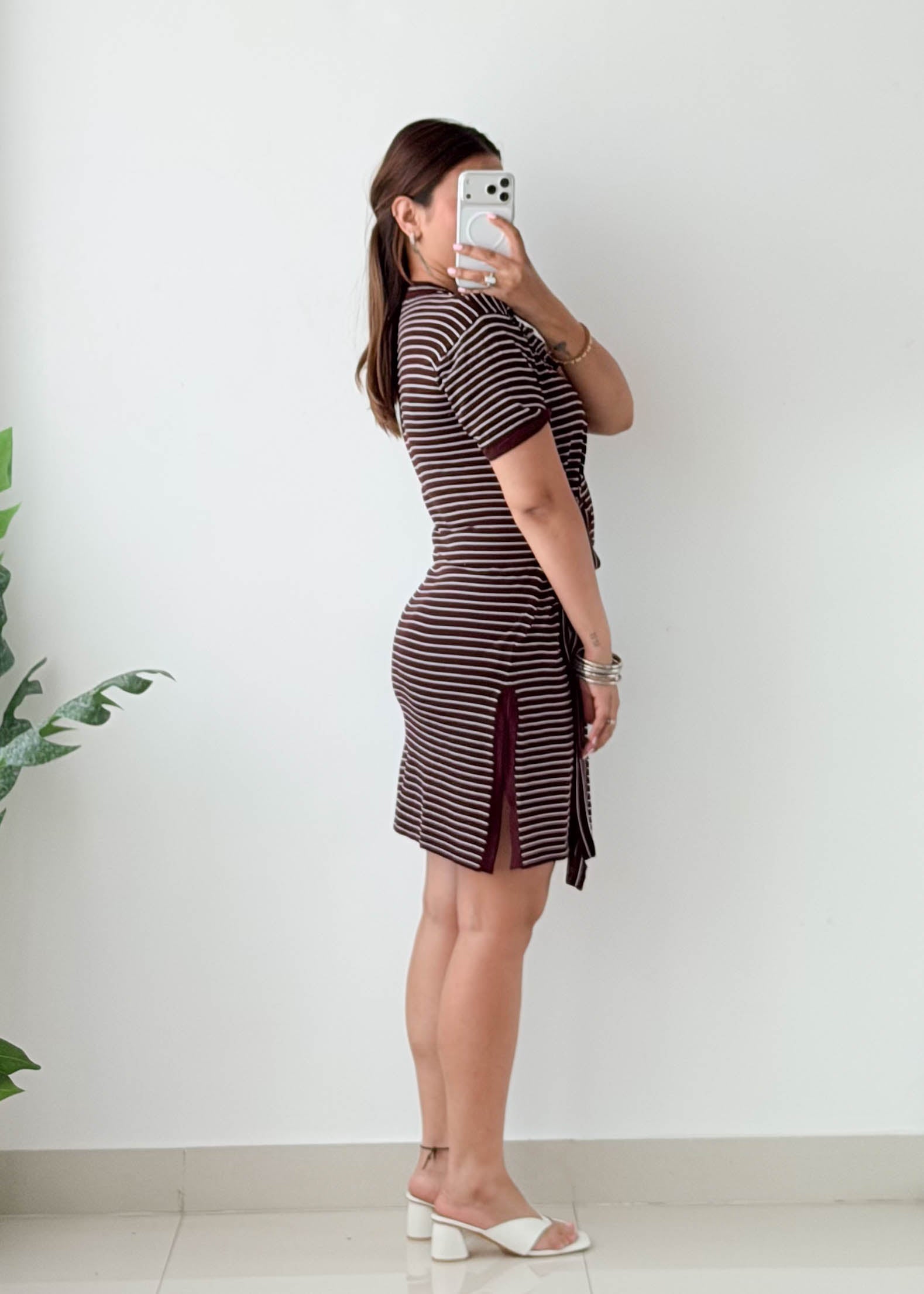 Size M-L Brown Striped Tie-Waist Mini Dress