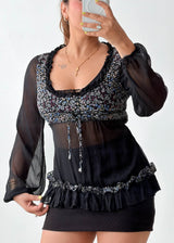 Size XS-S Black Floral Sheer Ruffle Top