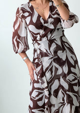Size XS-S Brown Abstract Printed Wrap Dress
