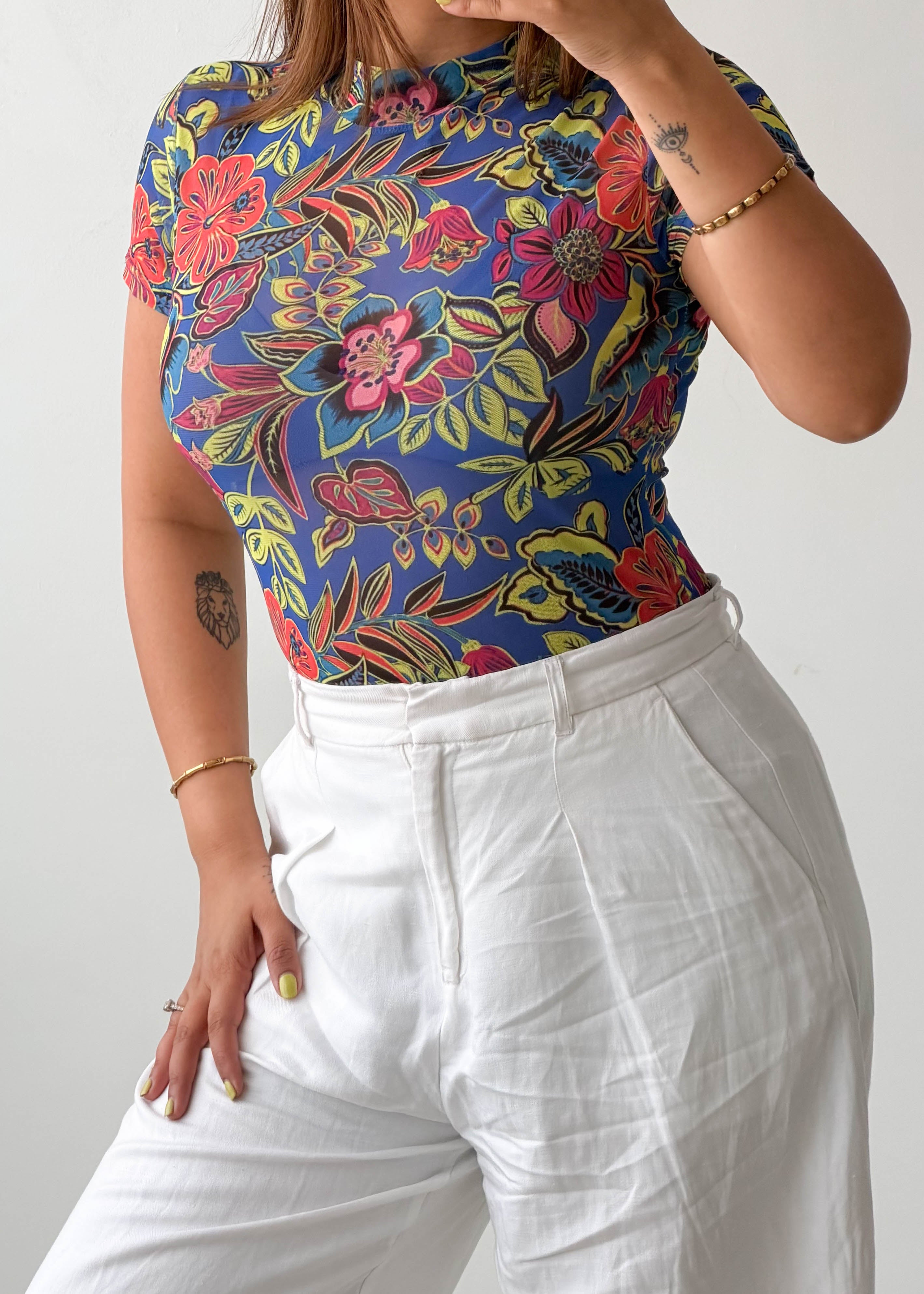 Size S-M Blue Floral Print Bodysuit