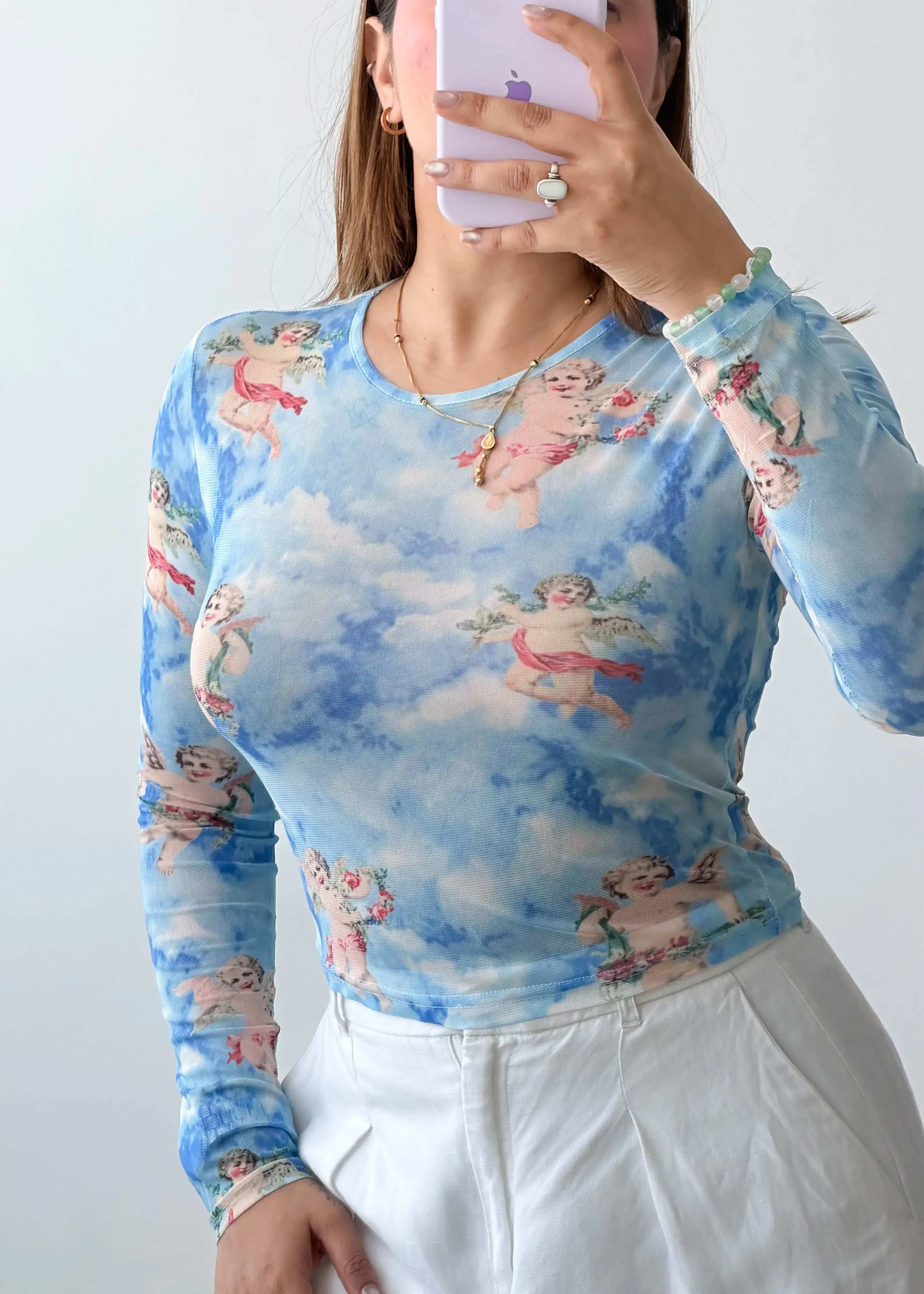 Size S-M Blue Angel Print Mesh Top
