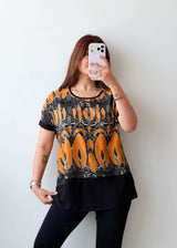 Size S-M Mustard Abstract Print Long Top