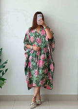 Size XL-3XL Green Floral Cotton Kaftan Dress