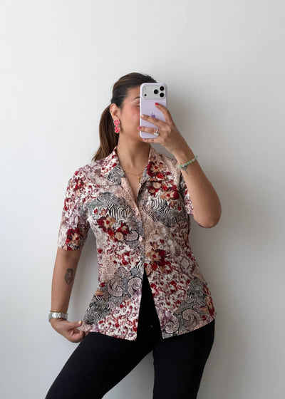 S-M Beige Red Vintage Print Viscose Shirt