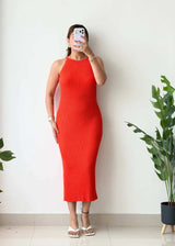 Size M-L, Orange Sleeveless Ribbed Midi Dress - Closet by Payal