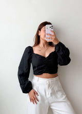 Size M Black Ruched Puff Sleeve Crop Top