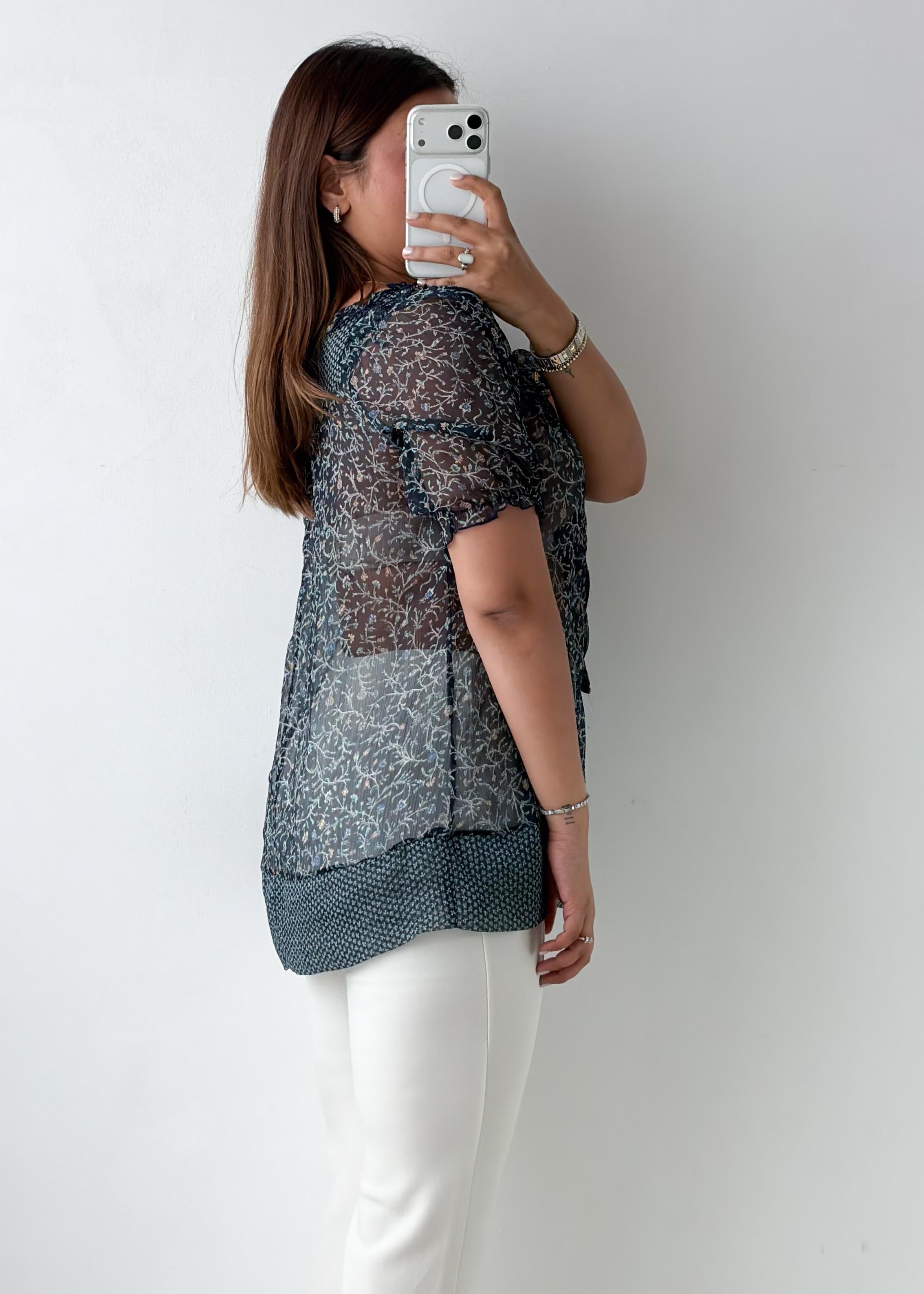 Size S-M Black Sheer Printed Blouse