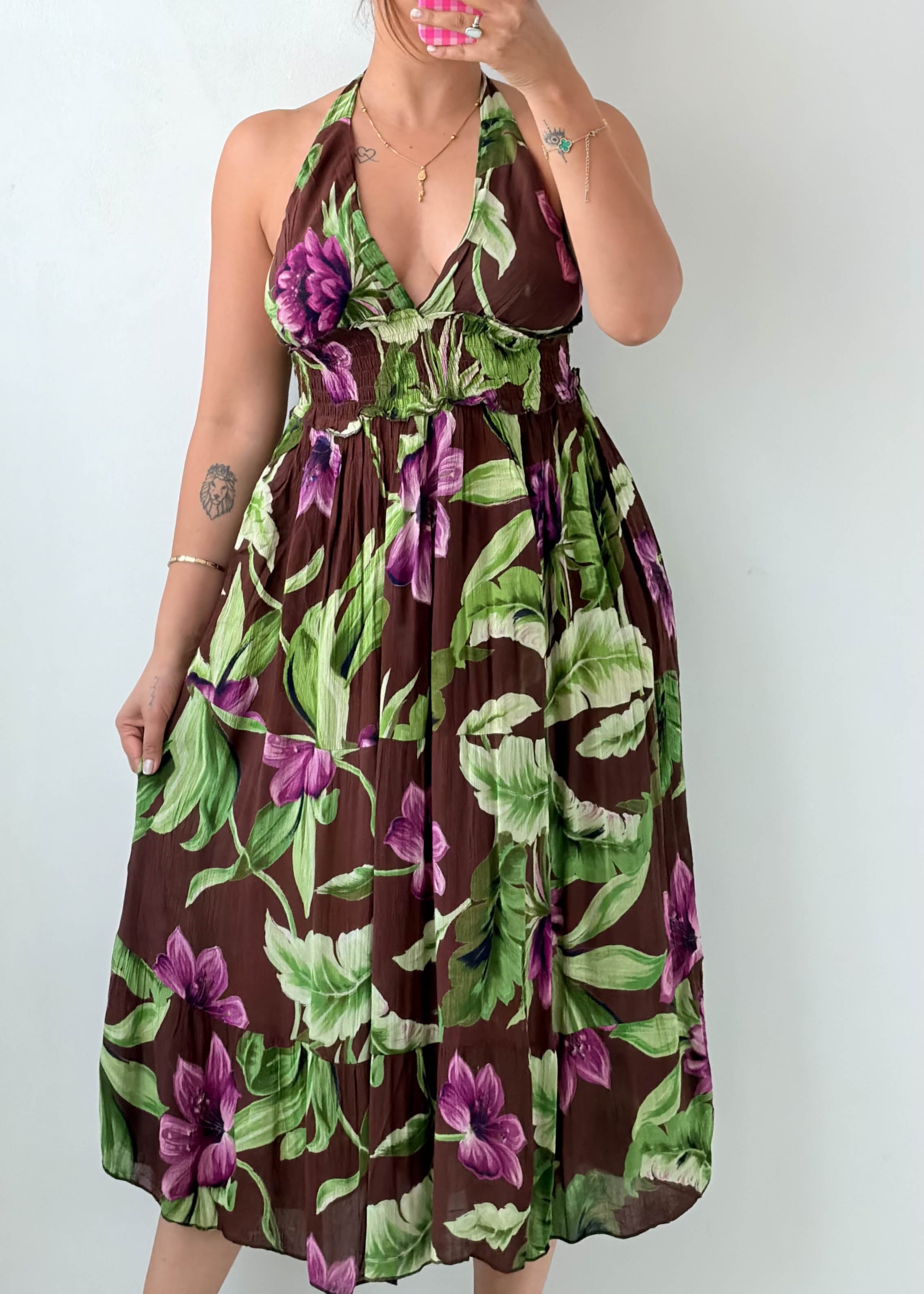 Size S-M Tropical Floral Halter Midi Dress