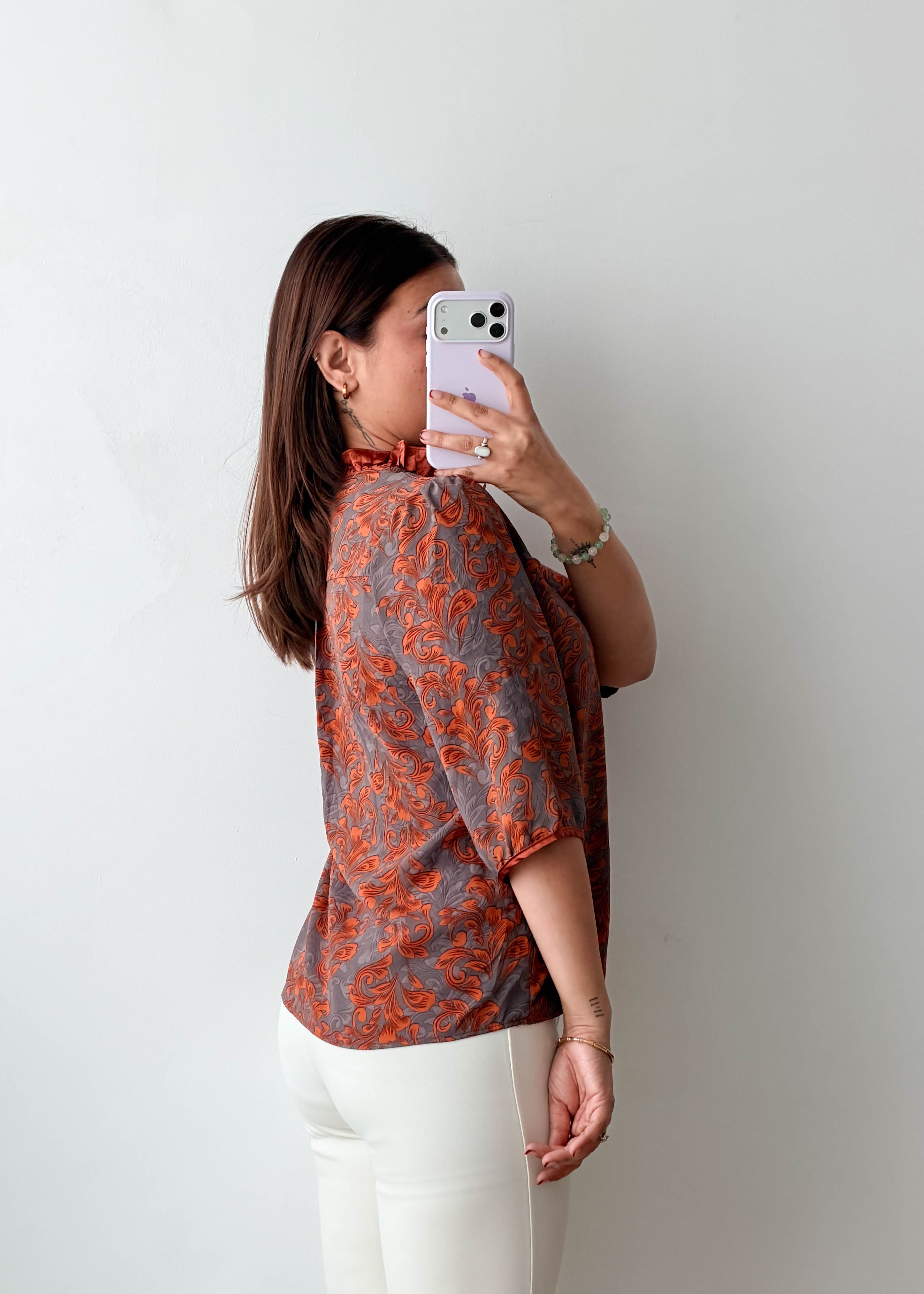 S-M Rust Paisley Mandarin Collar Top