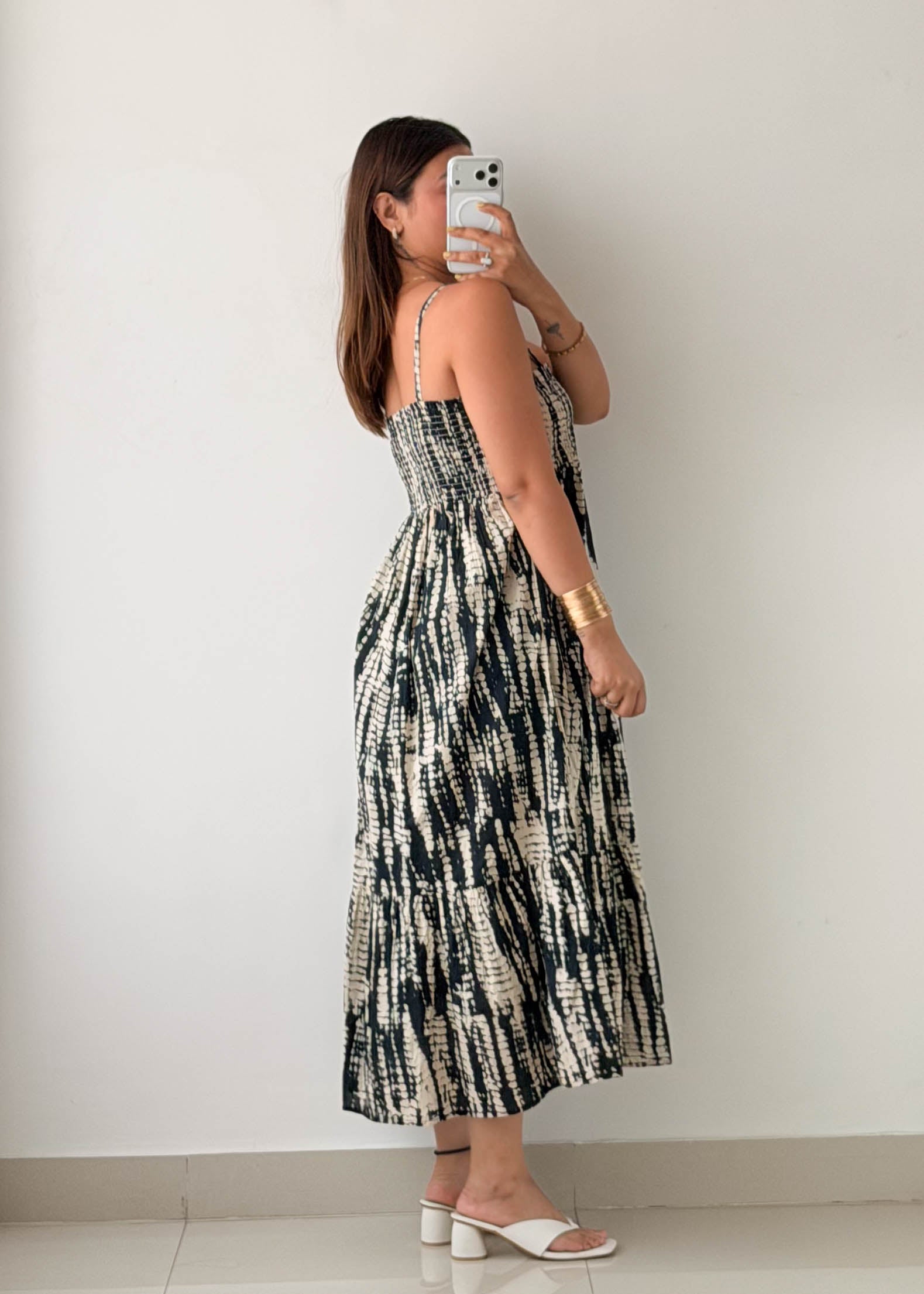 Size L-XL Black Tie-Dye Smocked Maxi Dress