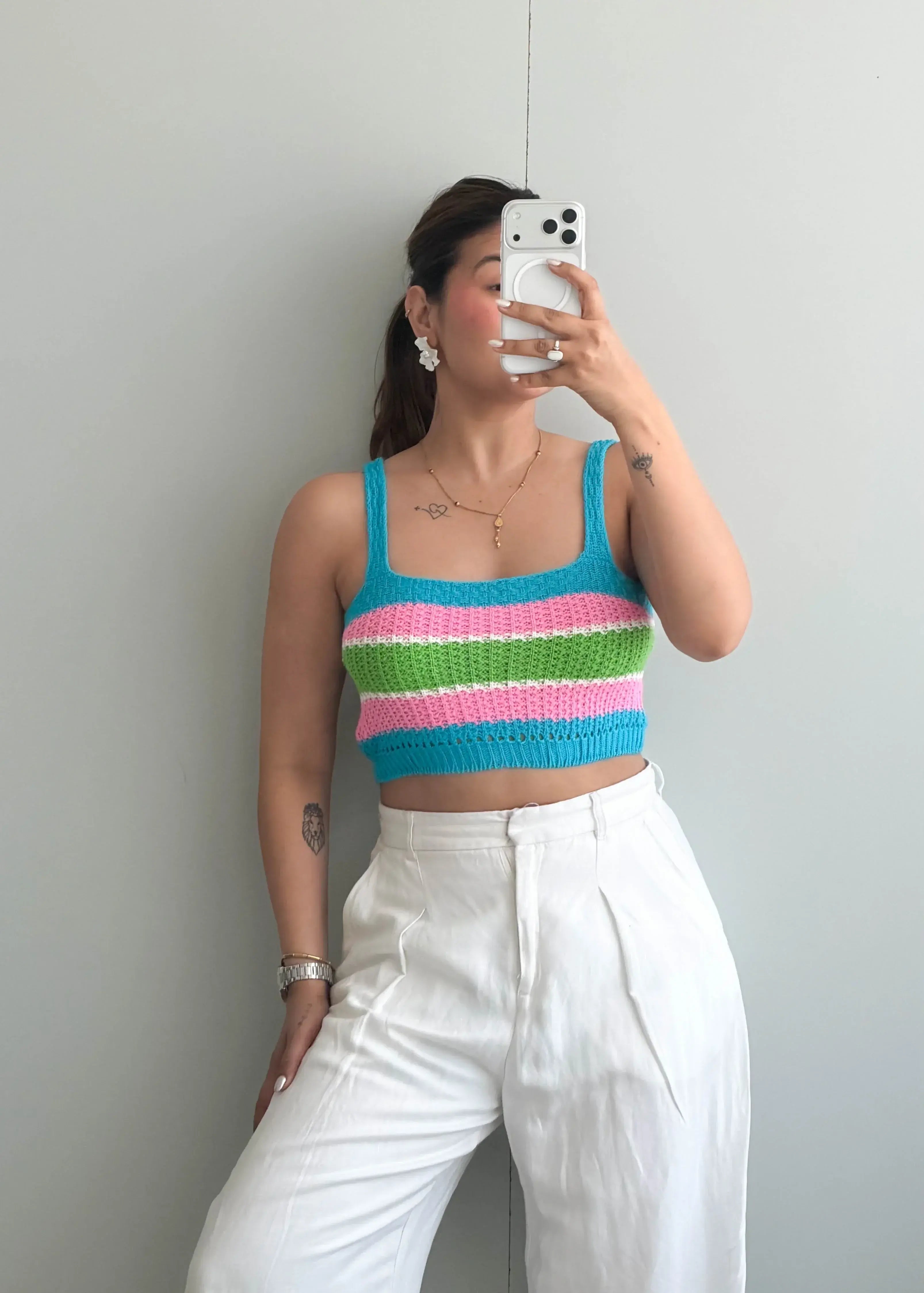 Size S-M, Multi-Color Stripe Crochet Crop Top - Closet by Payal