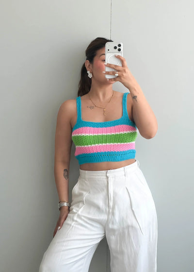 Size S-M, Multi-Color Stripe Crochet Crop Top - Closet by Payal
