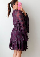 Size L-XL Plum Ruffle Sleeve Tiered Mini Dress