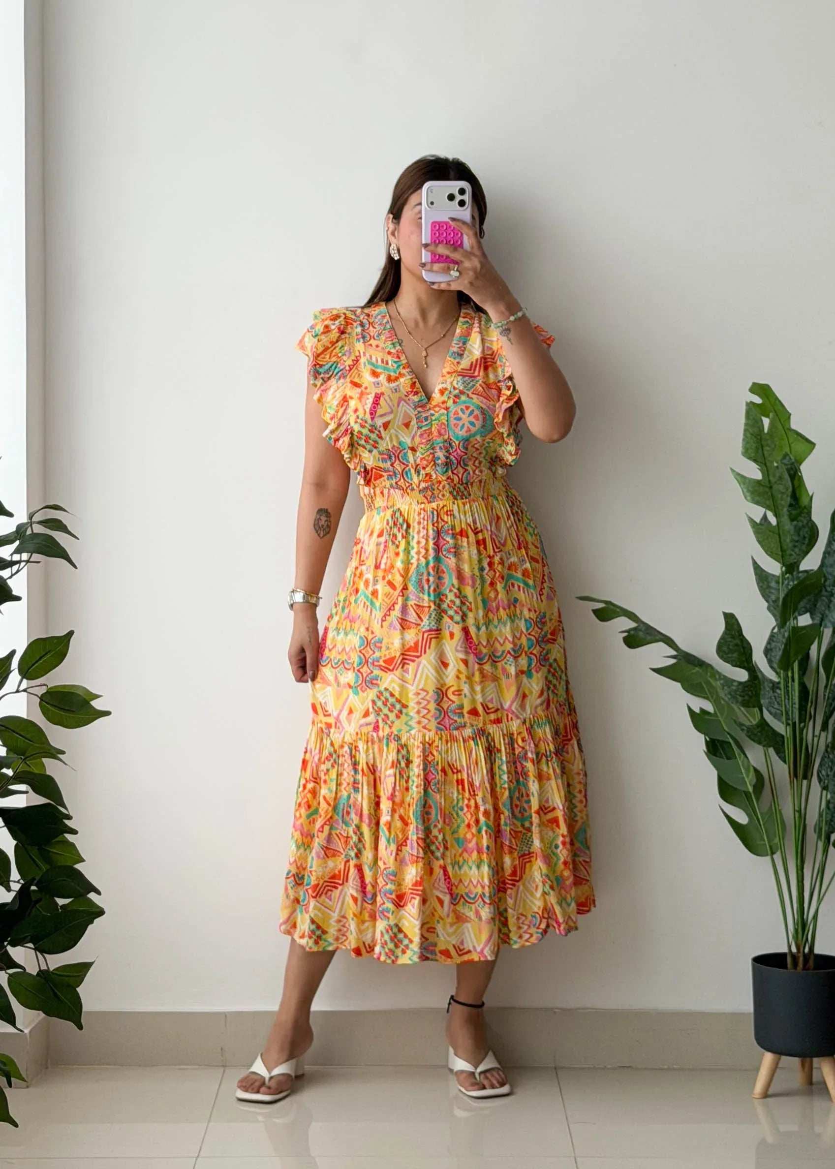 Size M-L, Geometric Print Tiered Midi Dress