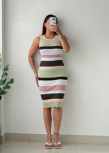 Size M-L Multicolor Striped Ribbed Midi Dress