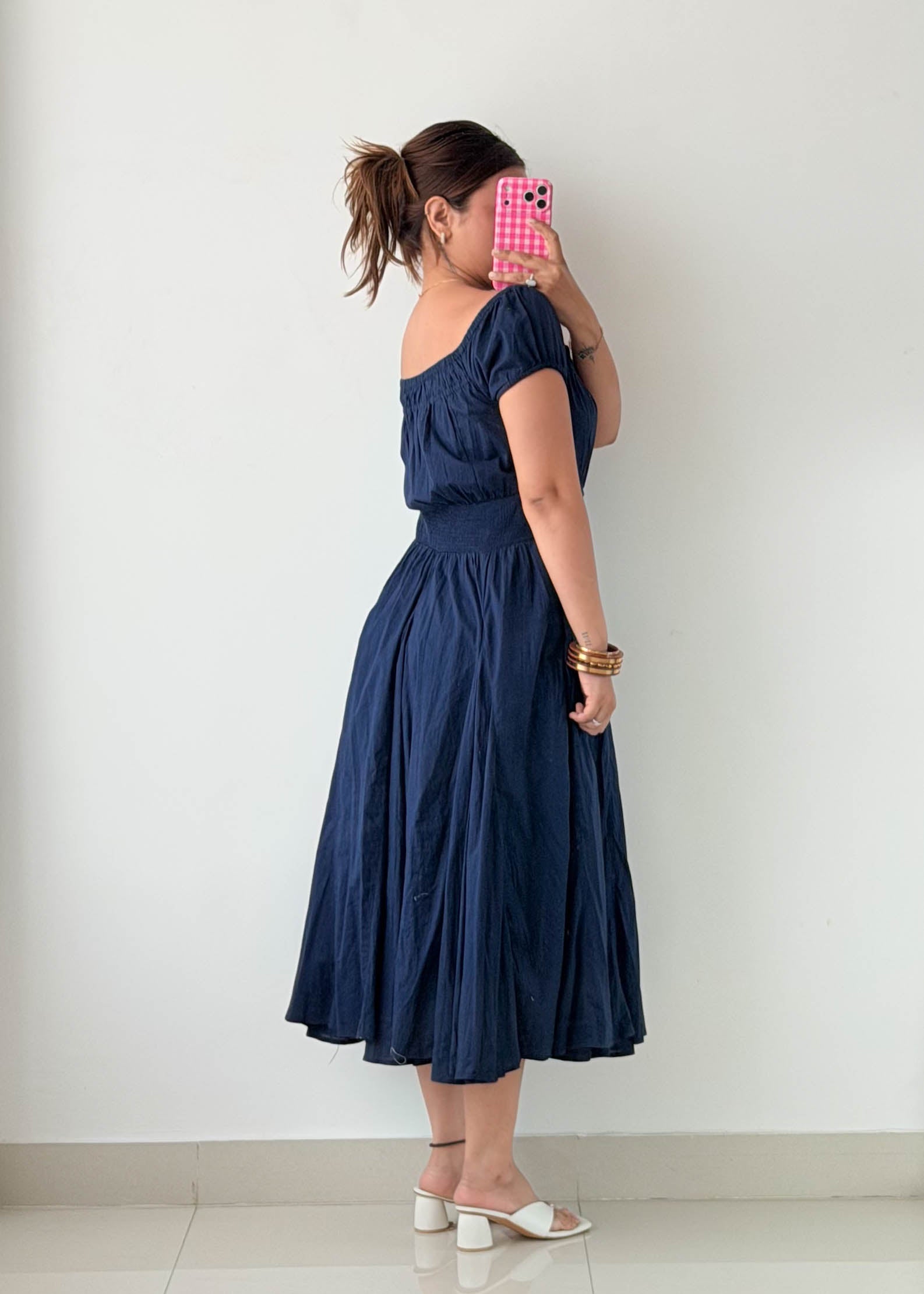 Size M-L Navy Fit & Flare Midi Dress