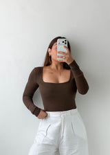 Size XS-S Brown Square Neck Bodysuit