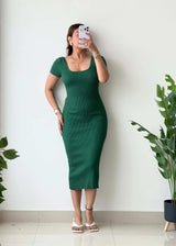 Size S-M, Green Short Sleeve Ribbed Midi Dress - Closet by Payal