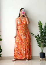 Size M-L, Orange Abstract Halter Maxi Dress