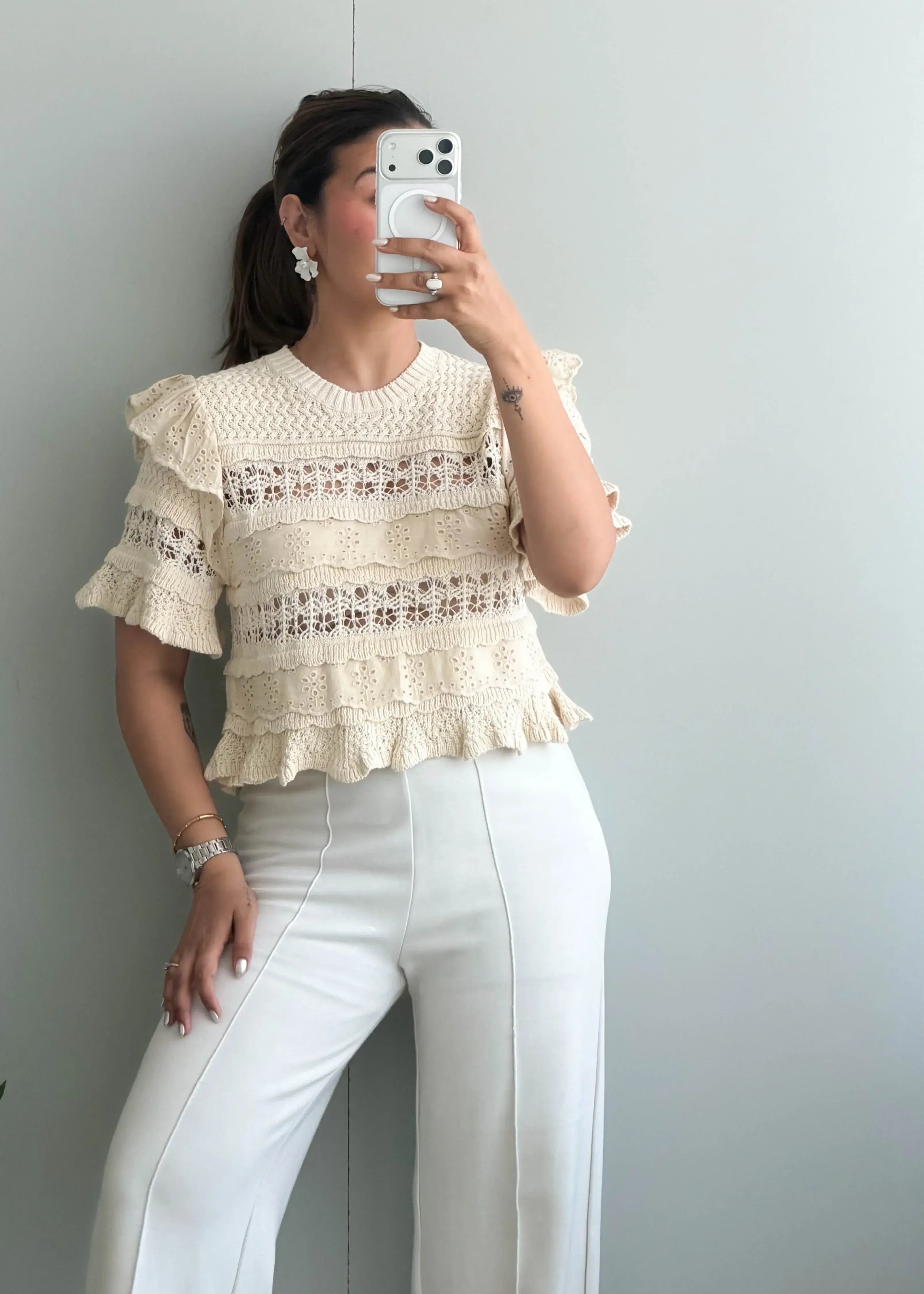 Size S-M, Cream Ruffle Lace Top - Closet by Payal