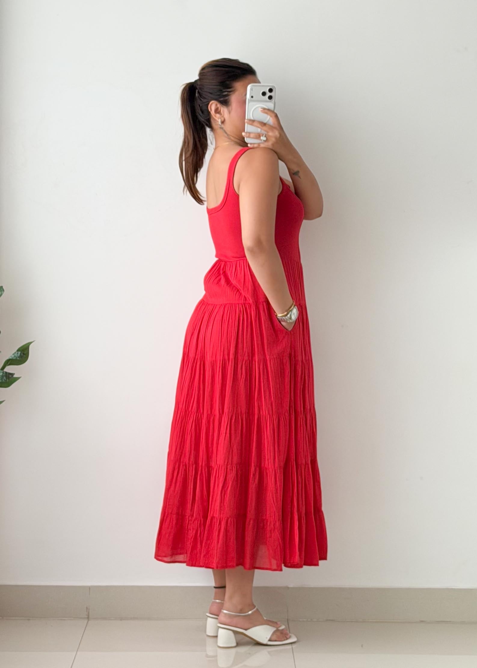 Size M-L Red Tiered Cotton Maxi Dress
