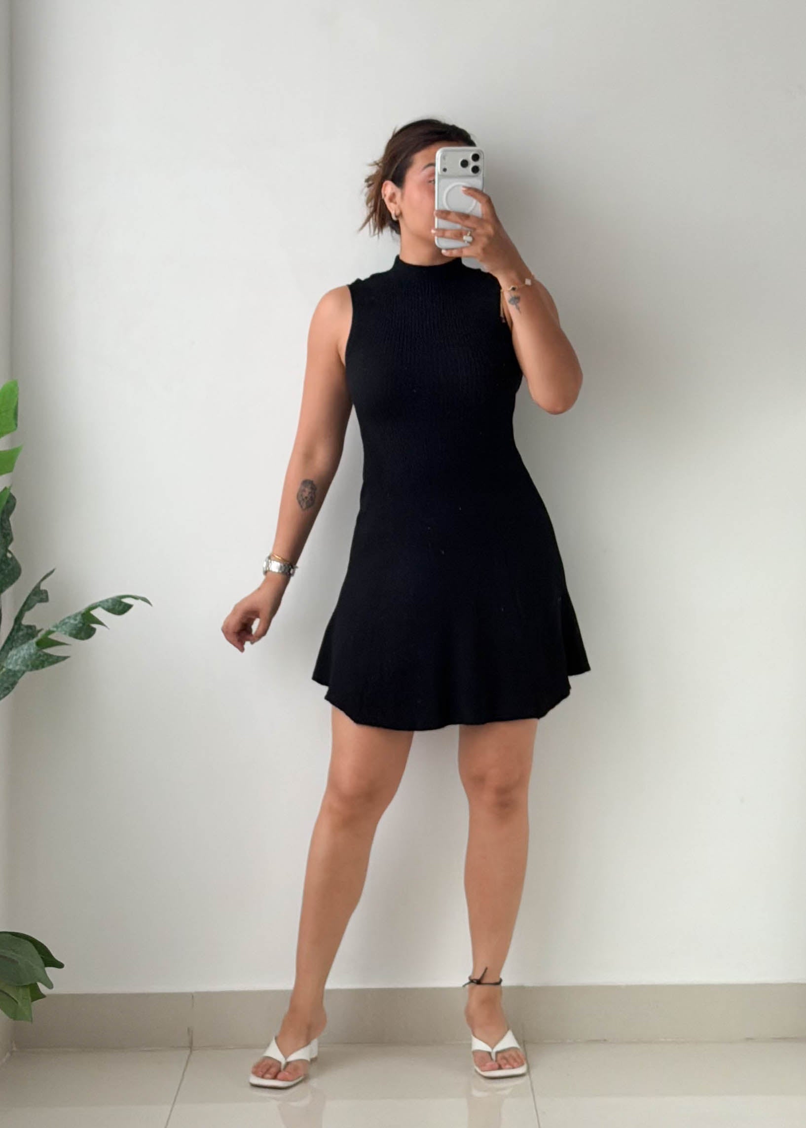 Size S-M Black Mock Neck Fit & Flare Knit Mini Dress