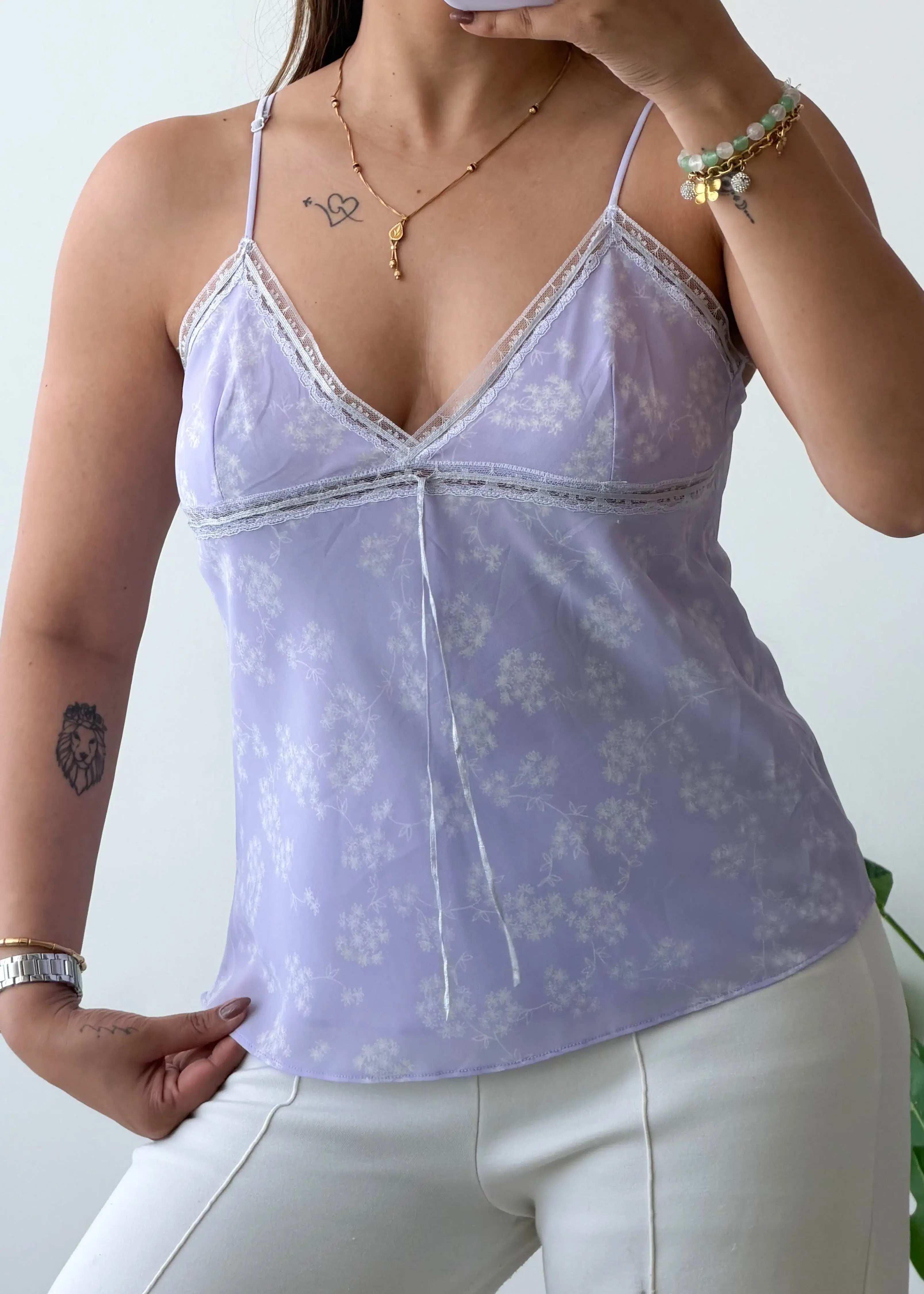 Size S-M, Floral Lace Trim Cami Top