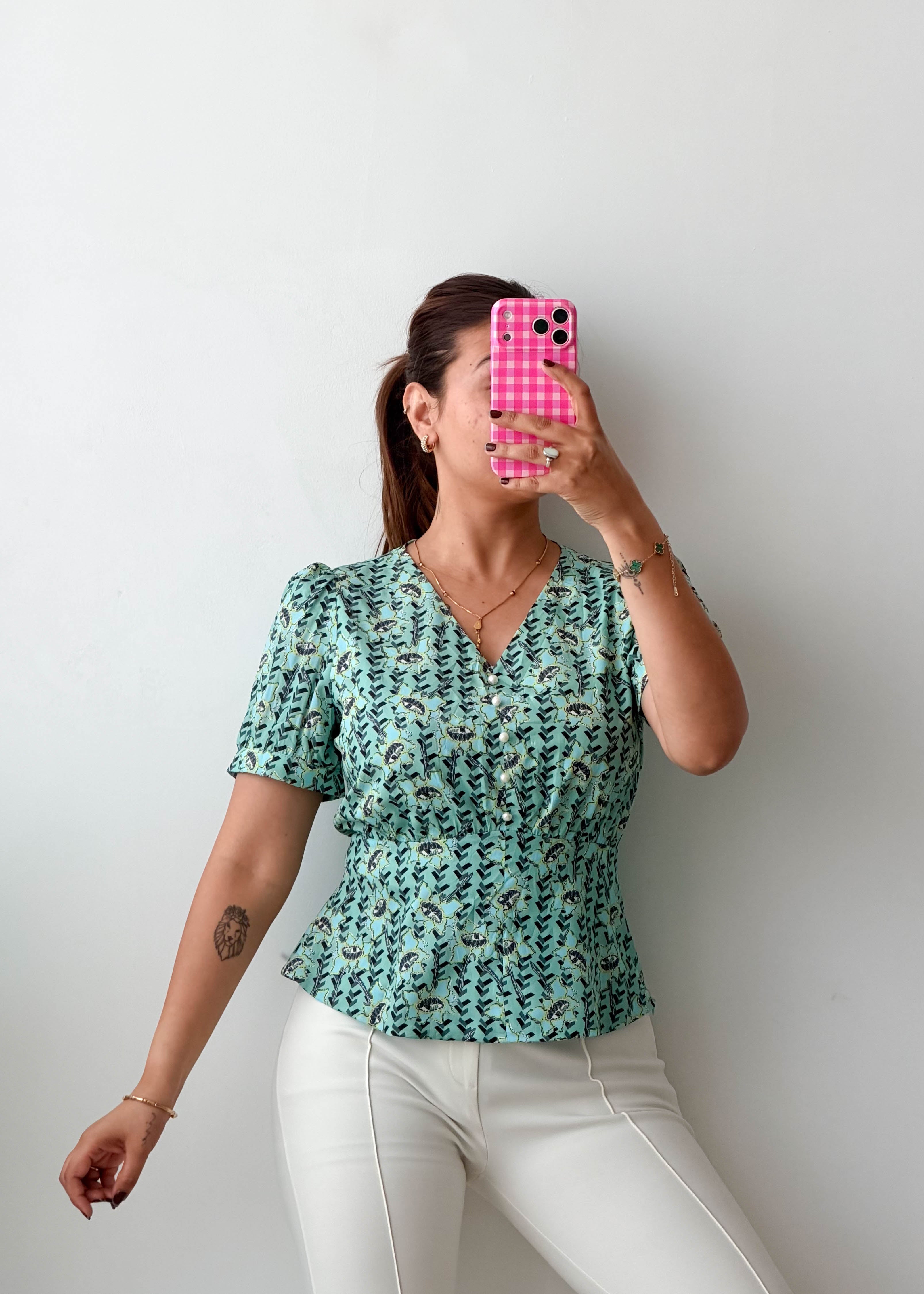 Size XS-S Mint Green Printed Peplum Top