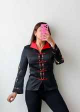 Size XS-S Black Red Embroidered Mandarin Collar Top