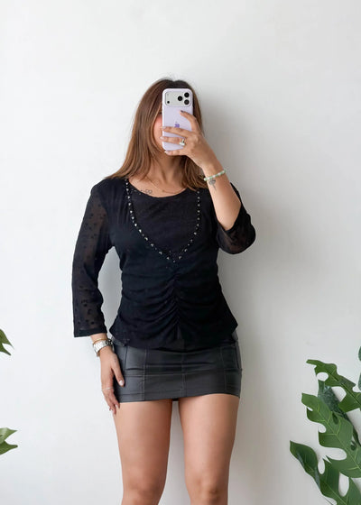 Size M-L, Black Sheer Sleeve Ruched Top