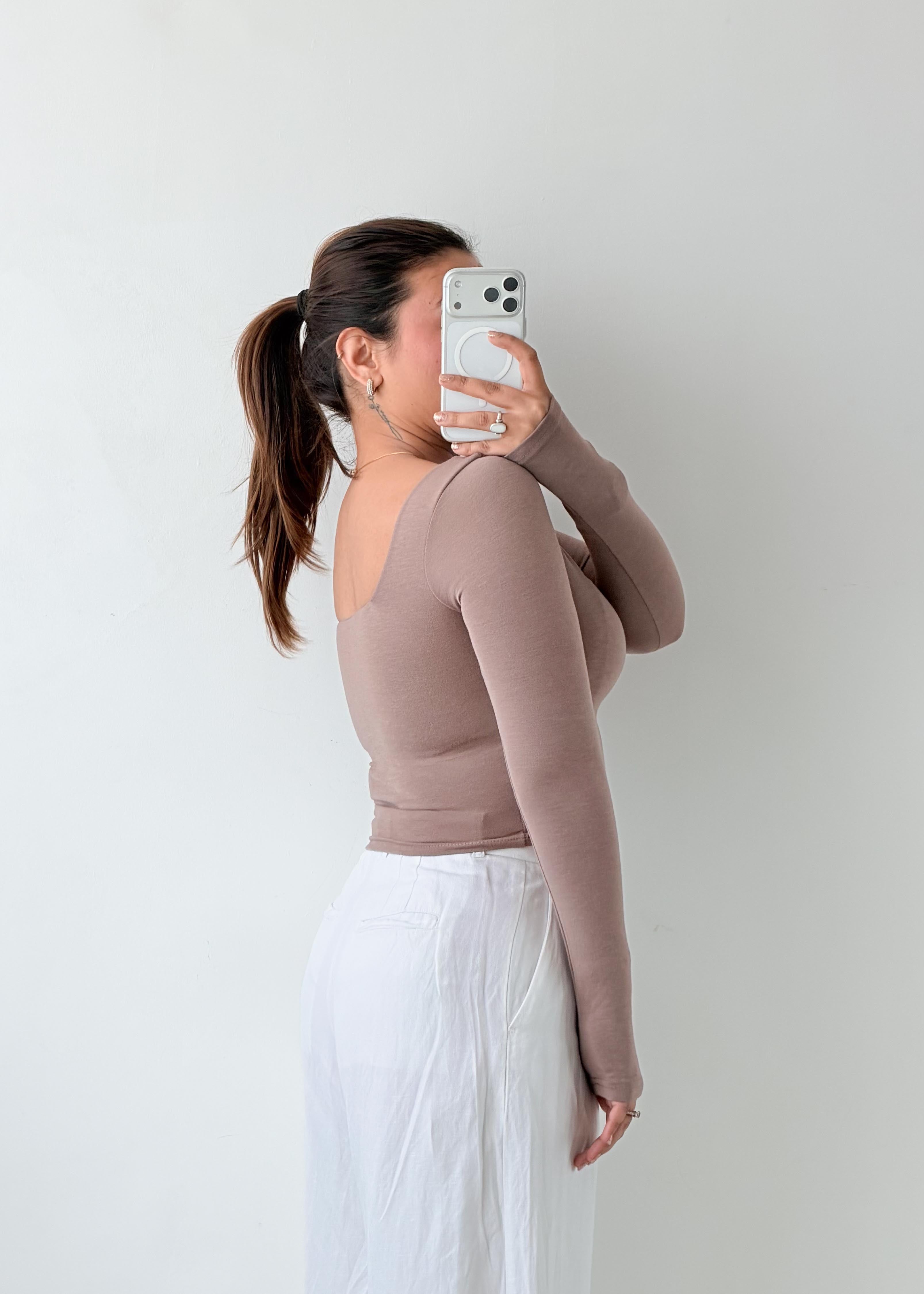 Size S-M Taupe Square Neck Long Sleeve Top