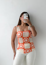 Size XS Orange & White Crochet Floral Tank Top