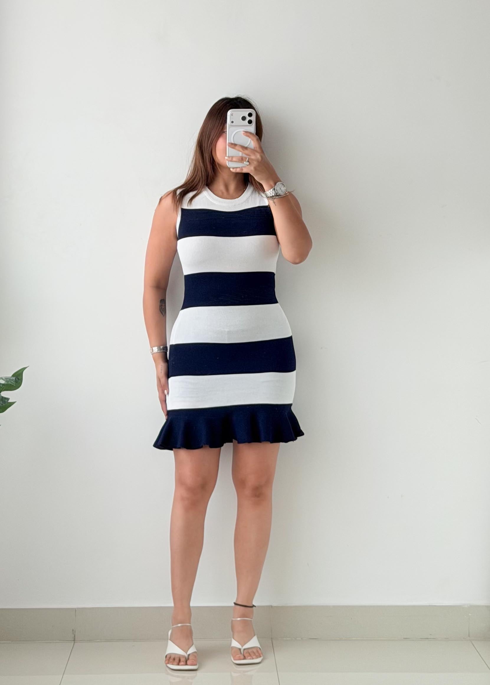 Size S-M Navy & White Striped Knit Mini Dress